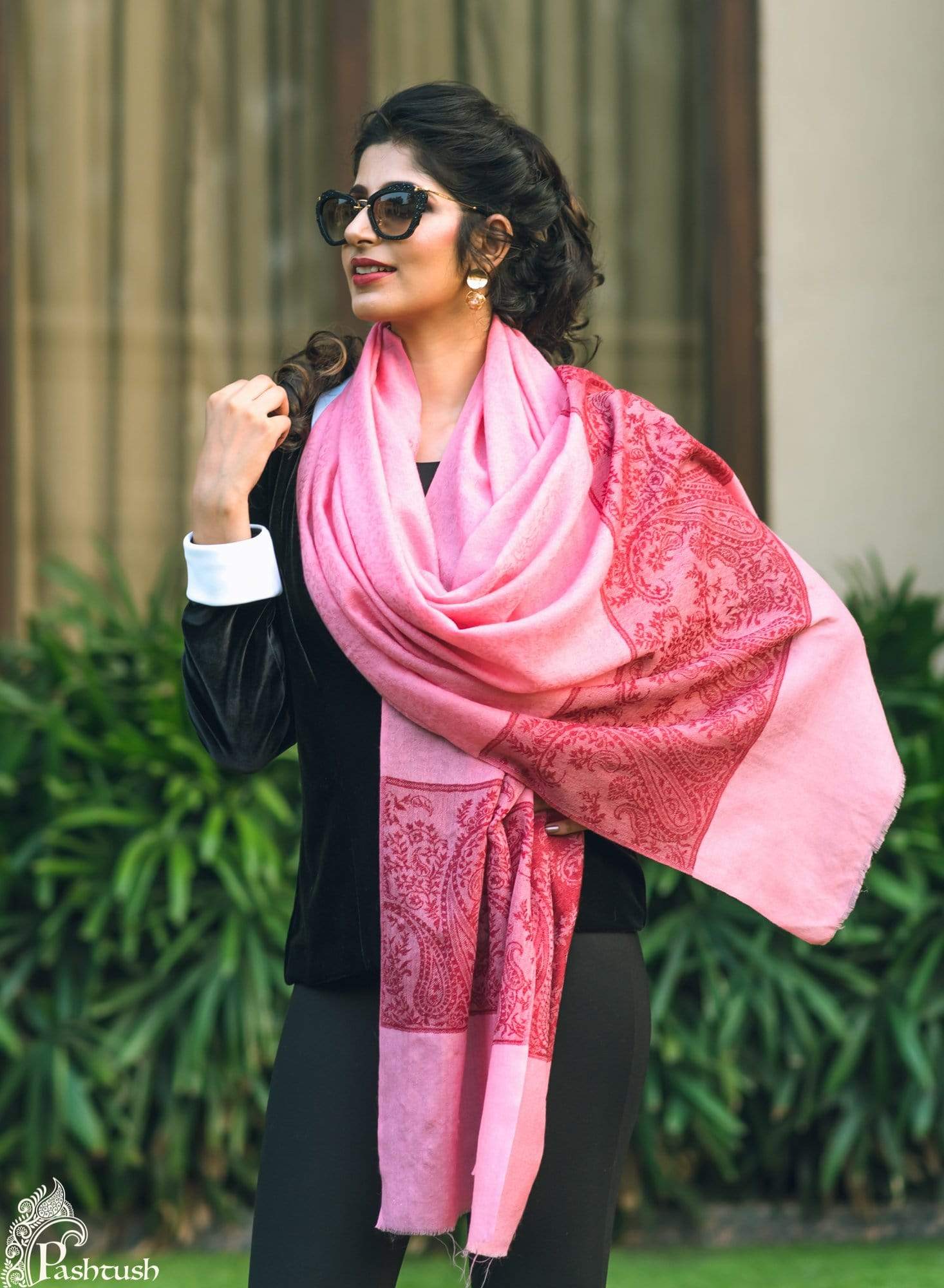 Pashtush Women Pink Woven Design Designer Stole - Image 4