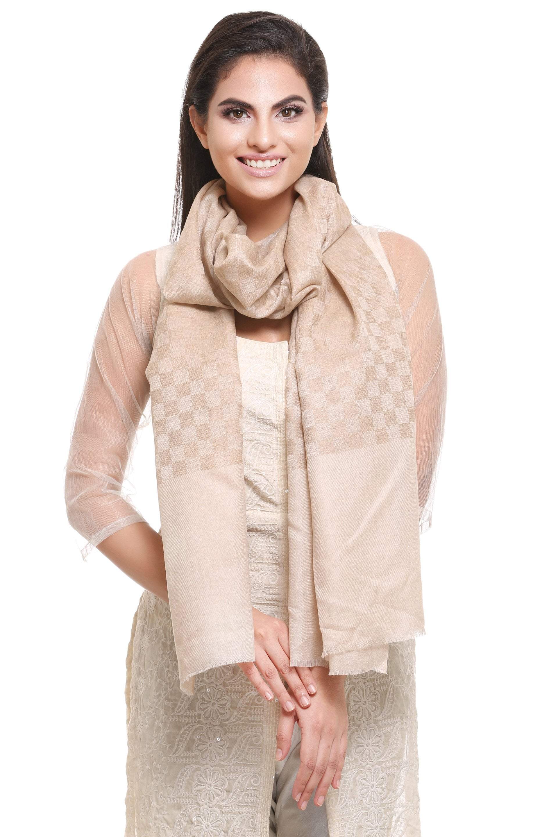 Pashtush Womens, Fine Wool, Checkered Stole, Beige - Image 3