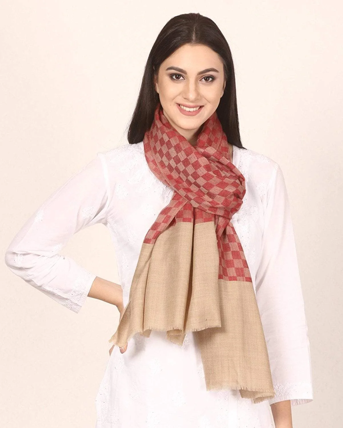 Pashtush Women Maroon Beige Checked Woven Design Designer Stole - Image 4
