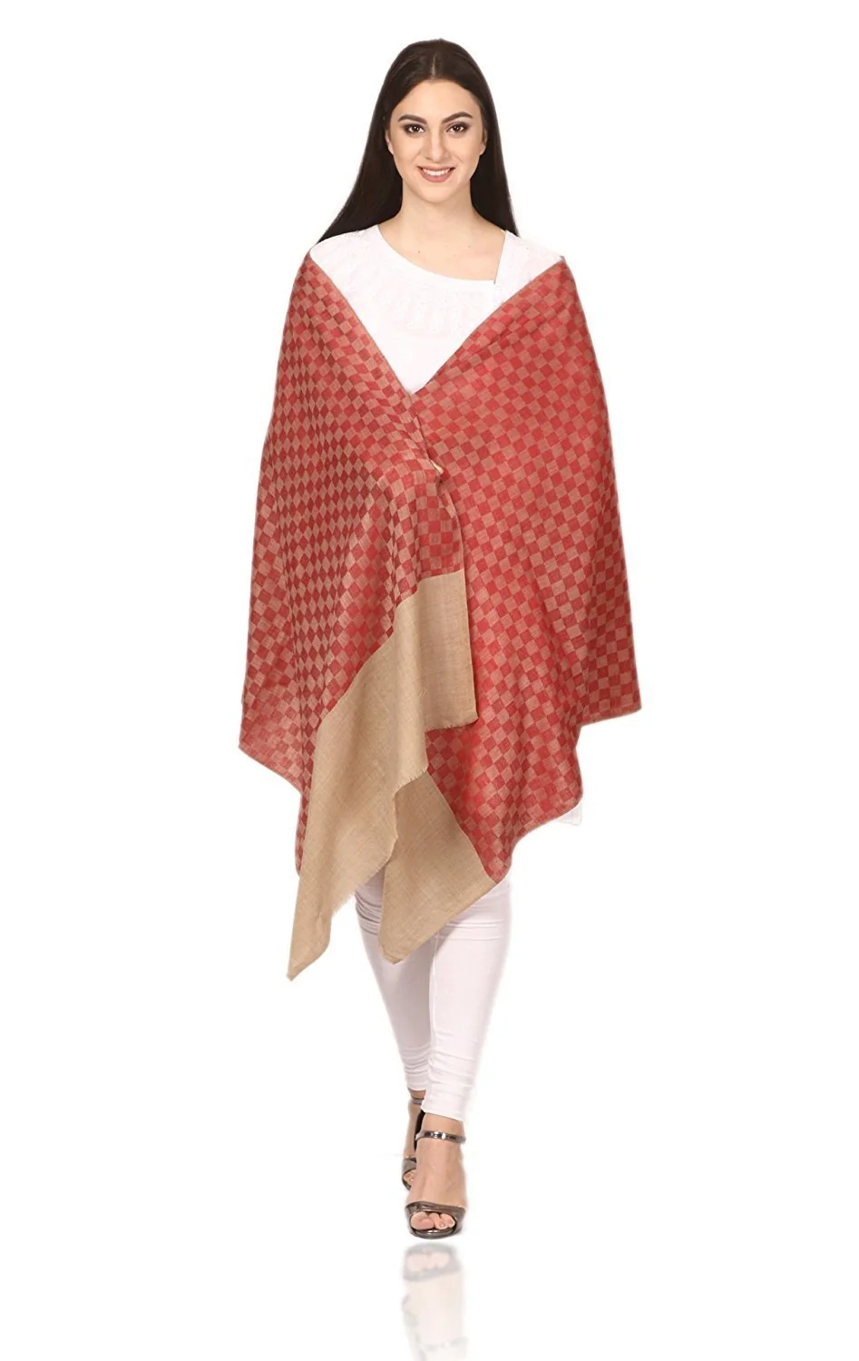 Pashtush Women Maroon Beige Checked Woven Design Designer Stole - Image 5