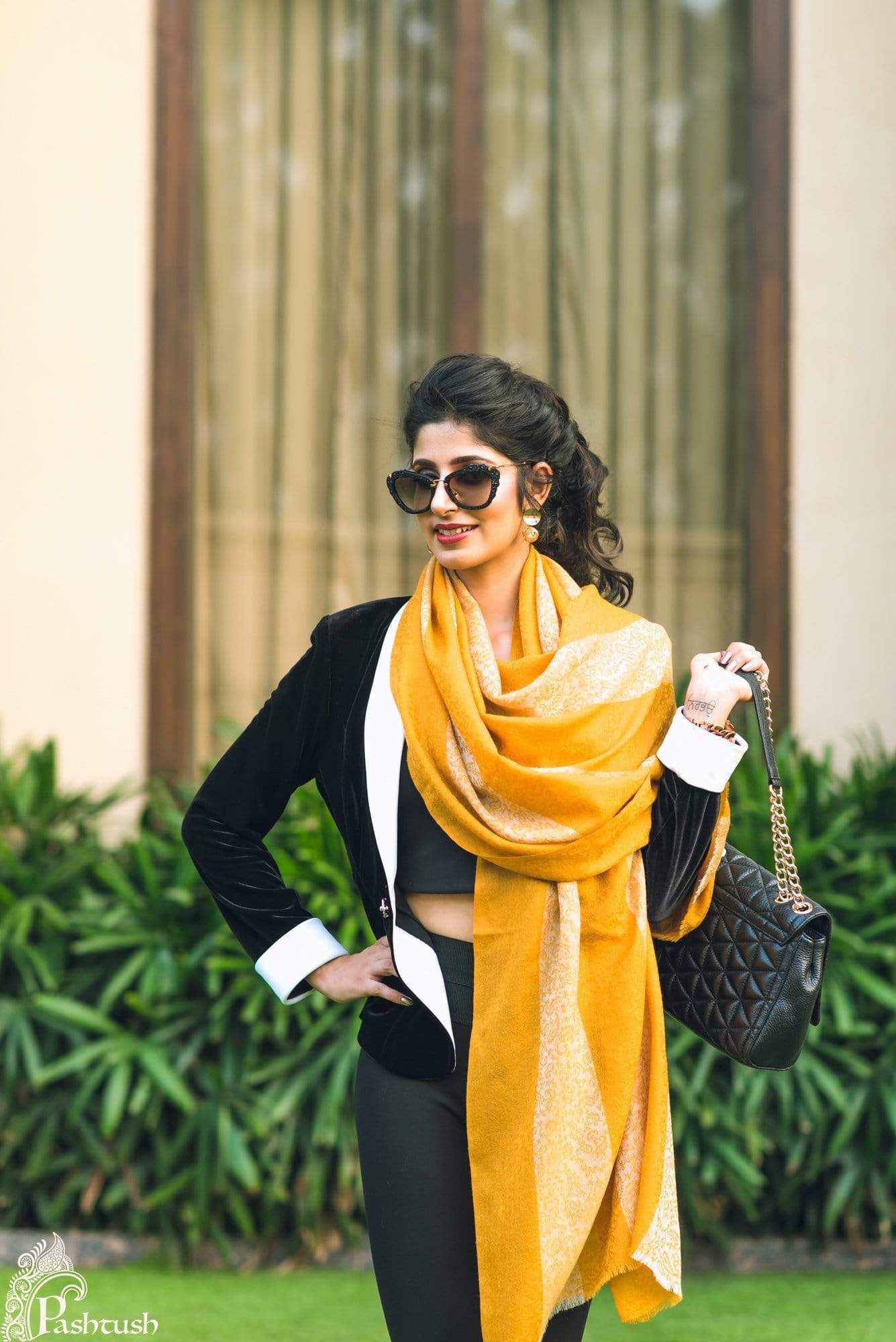 Pashtush Women'S Reversible Stole, With Stripes, Mustard And Beige - Image 3