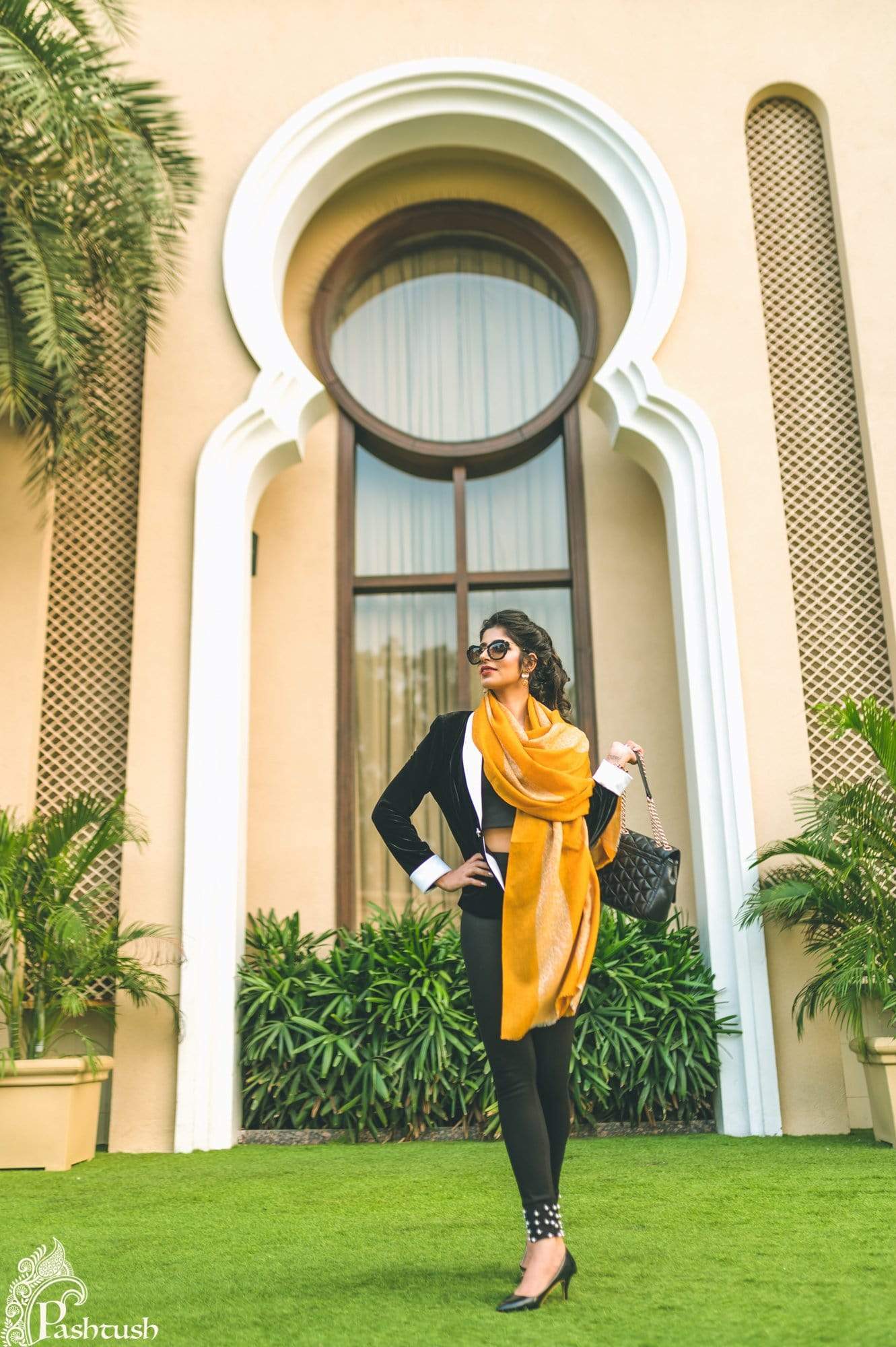 Pashtush Women'S Reversible Stole, With Stripes, Mustard And Beige - Image 4