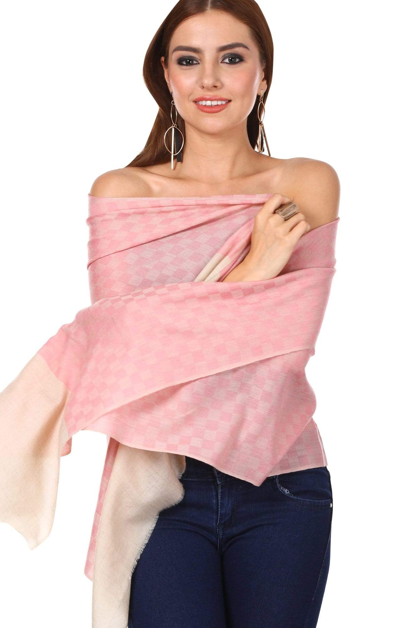 Pashtush Women'S Silk-Fine Wool Stole, Checkered Design, Powder Pink - Image 5