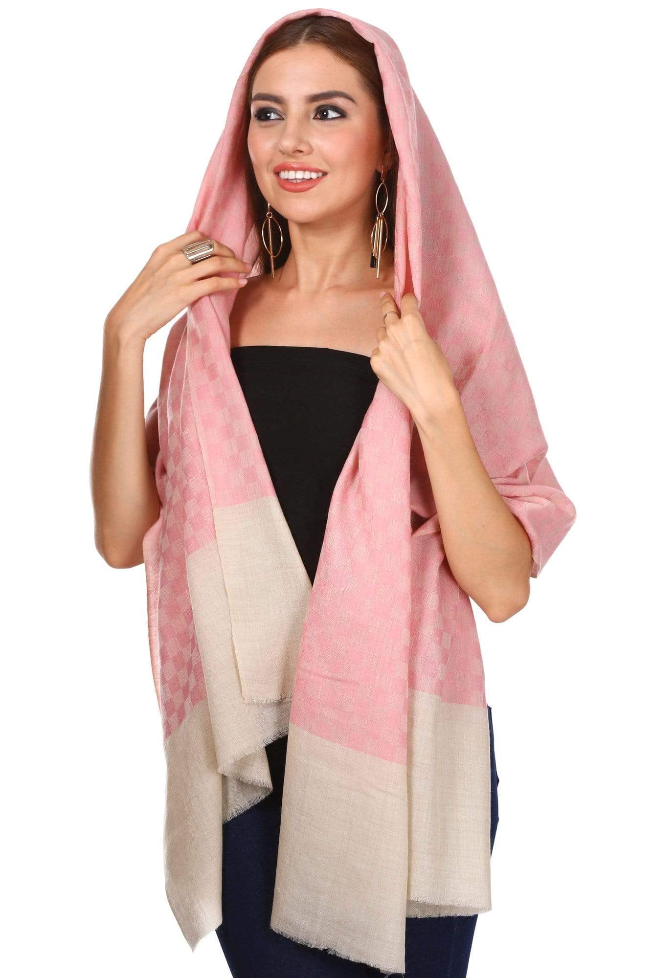 Pashtush Women'S Silk-Fine Wool Stole, Checkered Design, Powder Pink - Image 6
