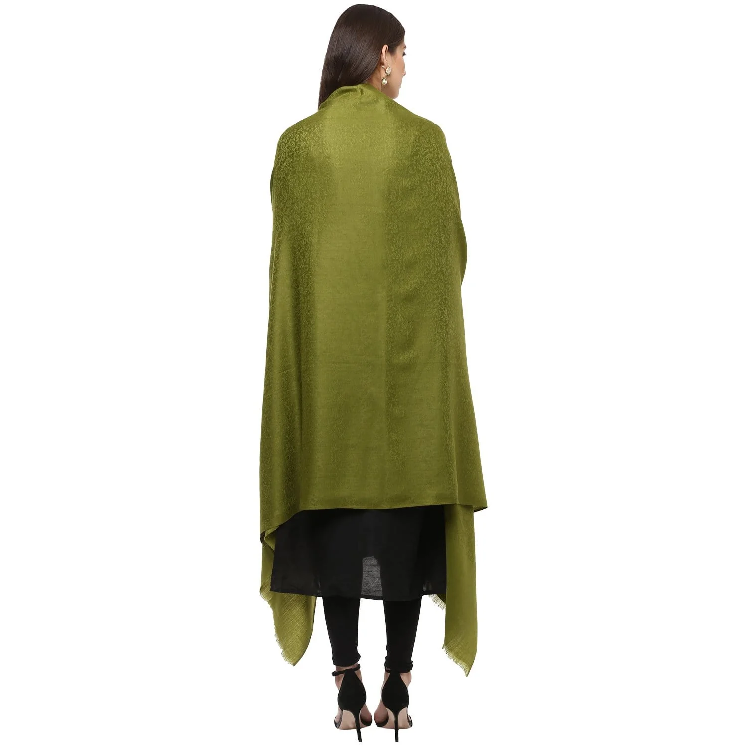 Pashtush Women'S Soft Wool Shawl Olive Green With Jacquard Design - Image 3