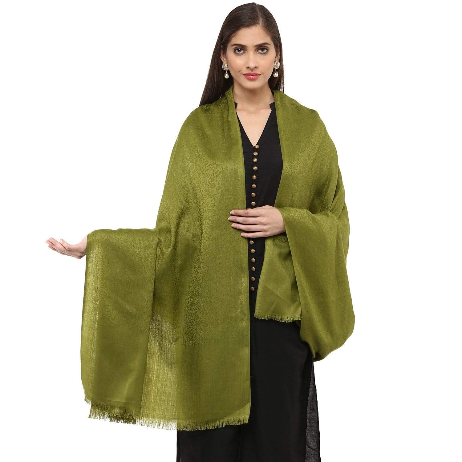 Pashtush Women'S Soft Wool Shawl Olive Green With Jacquard Design - Image 4