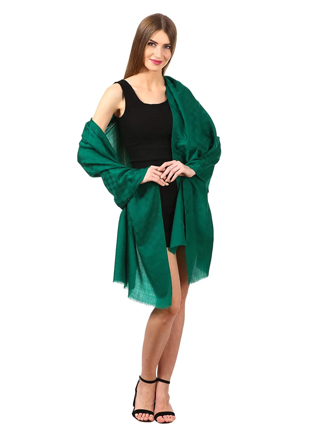 Pashtush Womens Stole, Fine Wool Scarf, Checkered Weave, Bottle Green - Image 3