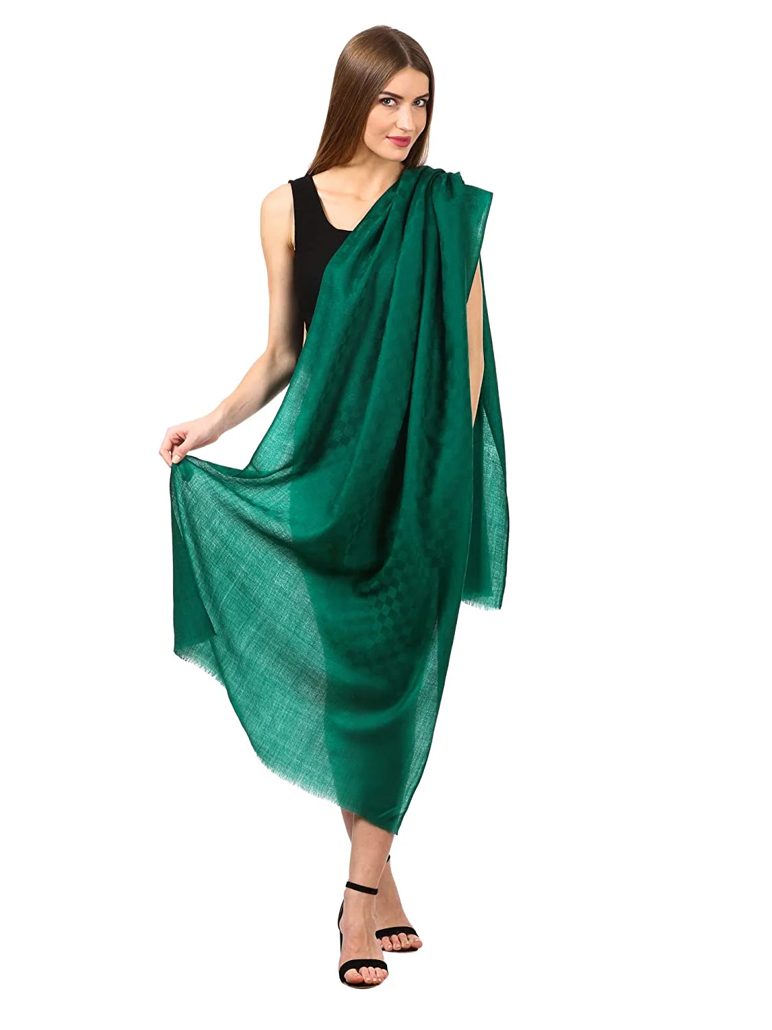 Pashtush Womens Stole, Fine Wool Scarf, Checkered Weave, Bottle Green - Image 6