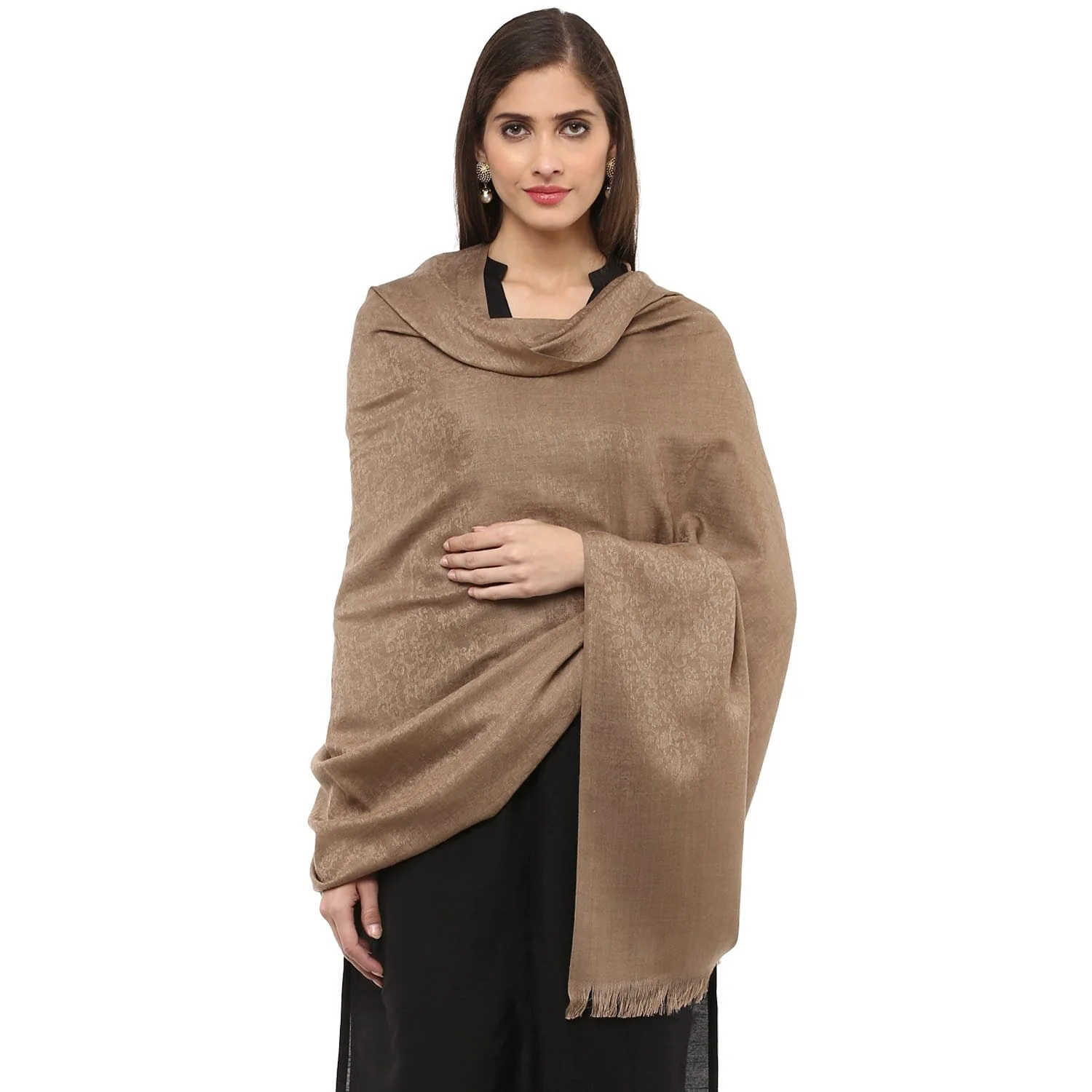 Pashtush Women'S Wool Shawl, Pasiley Weave, Taupe - Image 5