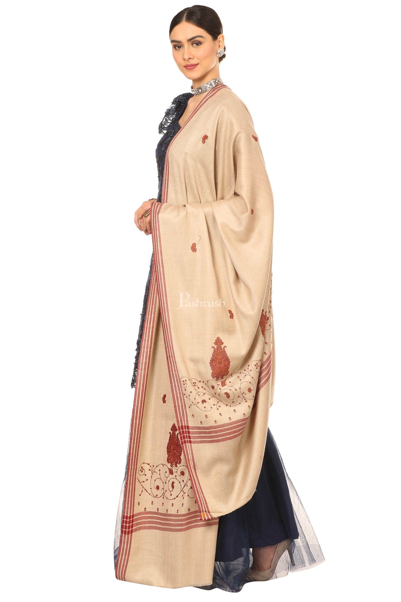 Pashtush Women'S Wool Shawl With Hand Embroidery (Taupe , Free Size) - Image 3