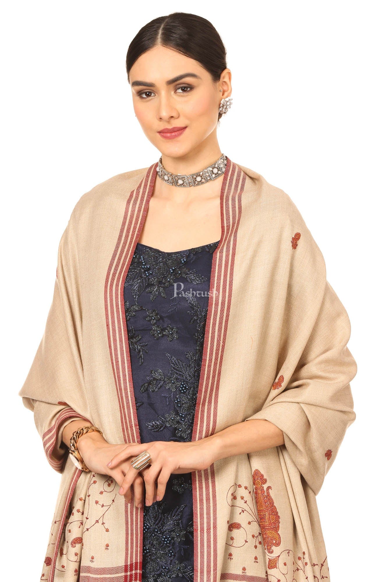 Pashtush Women'S Wool Shawl With Hand Embroidery (Taupe , Free Size) - Image 4