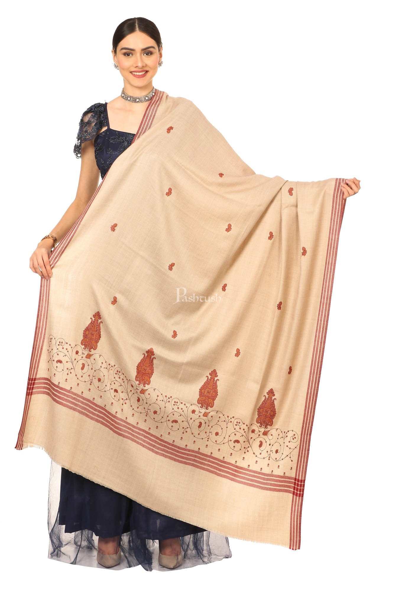 Pashtush Women'S Wool Shawl With Hand Embroidery (Taupe , Free Size) - Image 5