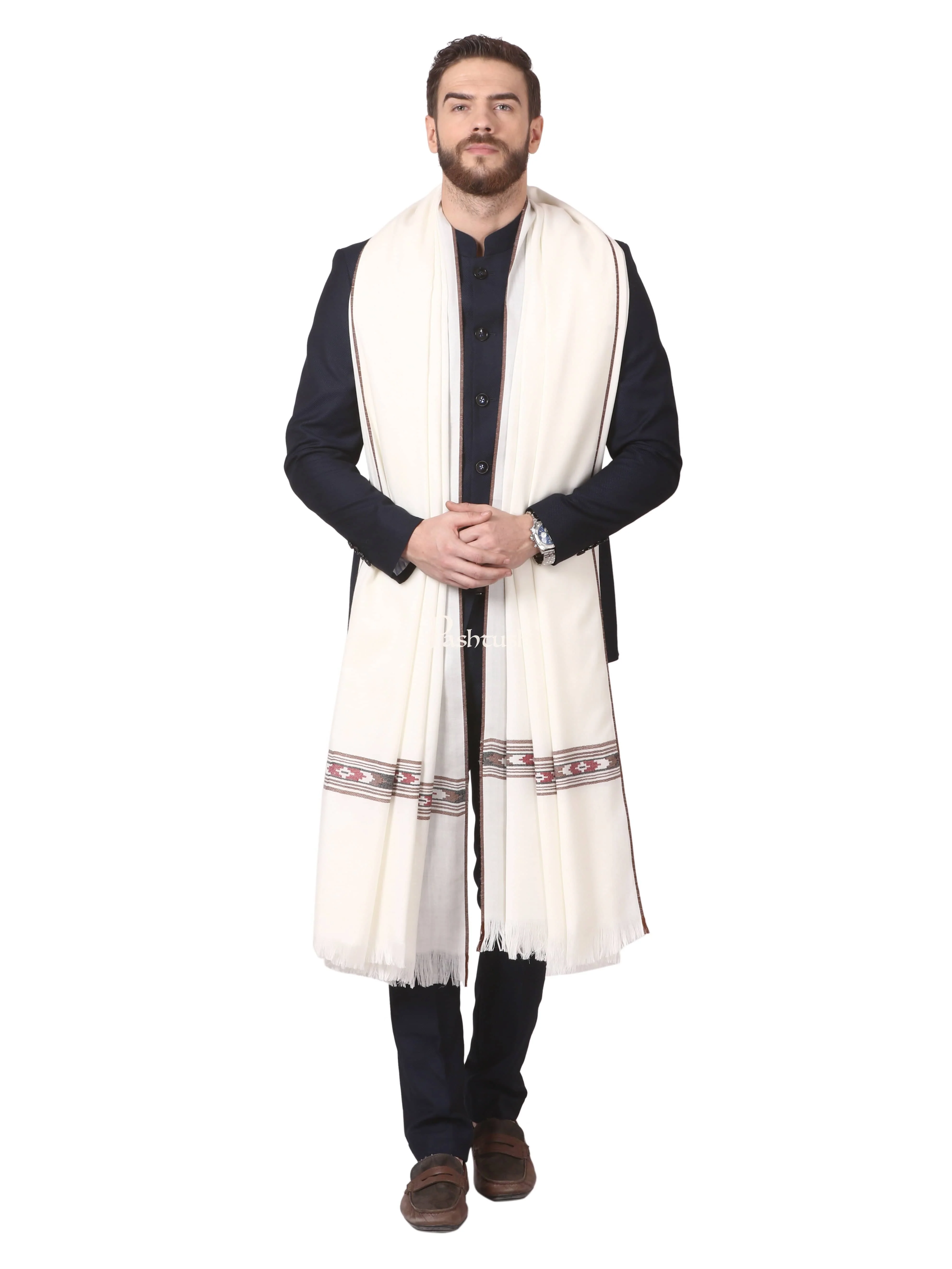 Pashtush Mens Woven Aztec Design Shawl, Fine Wool, Ivory - Image 3