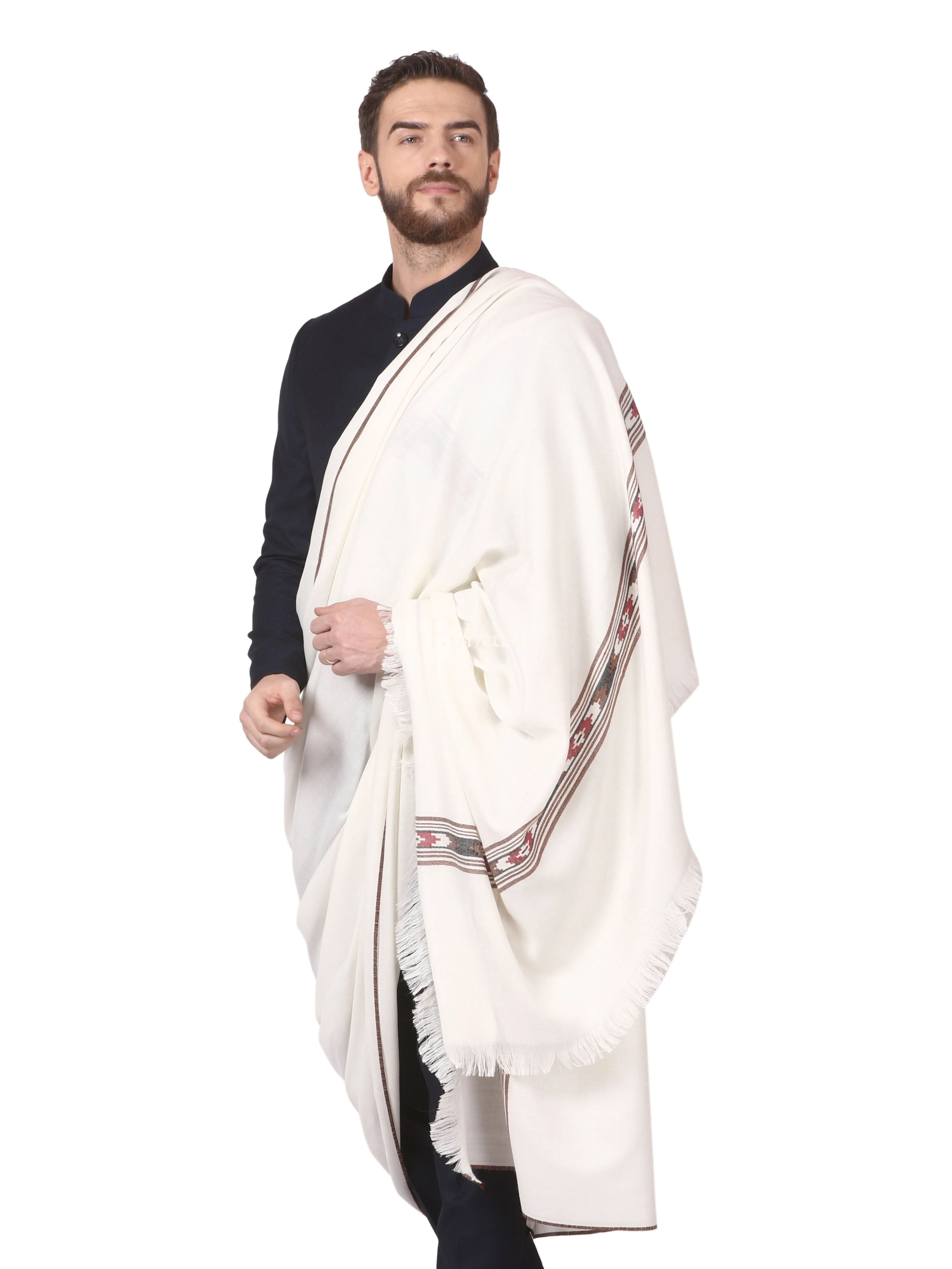 Pashtush Mens Woven Aztec Design Shawl, Fine Wool, Ivory - Image 4