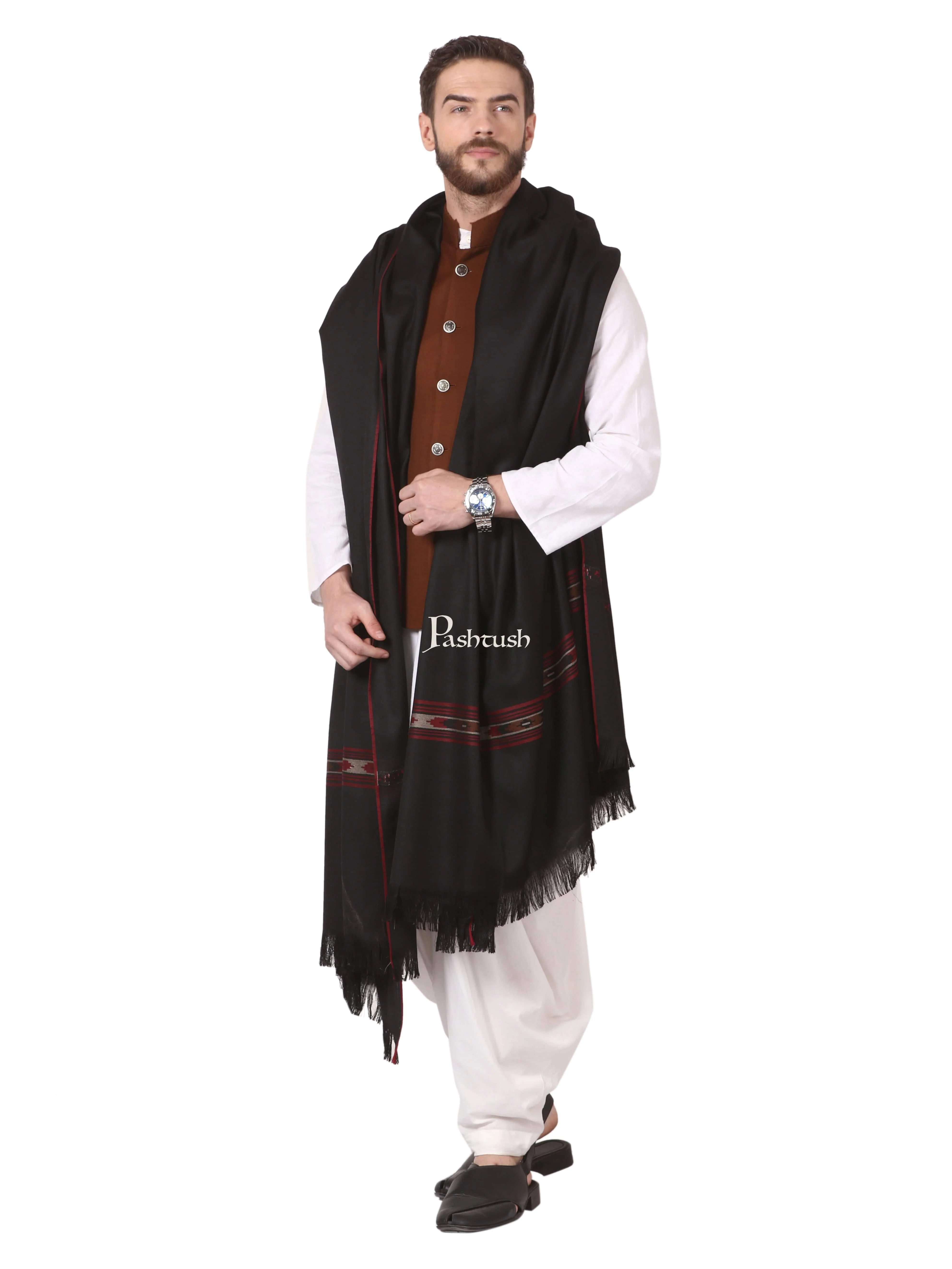 Pashtush Woven Aztec Design Mens Full Size Shawl In Extra Fine Wool -Black - Image 3