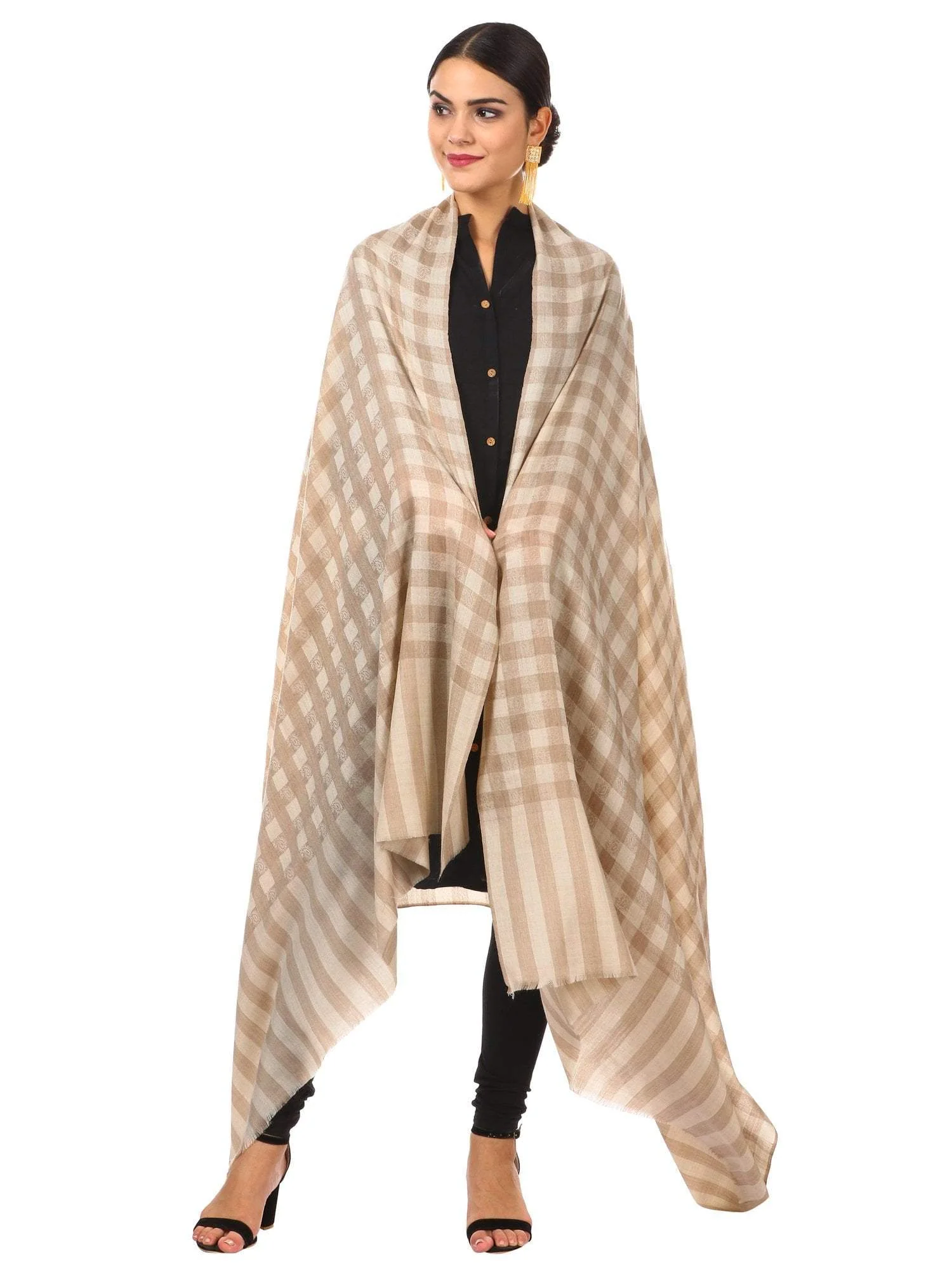 Pashtush Womens Extra Fine Wool Blend  Shawl,Checkered, Soft And Warm Beige - Image 3