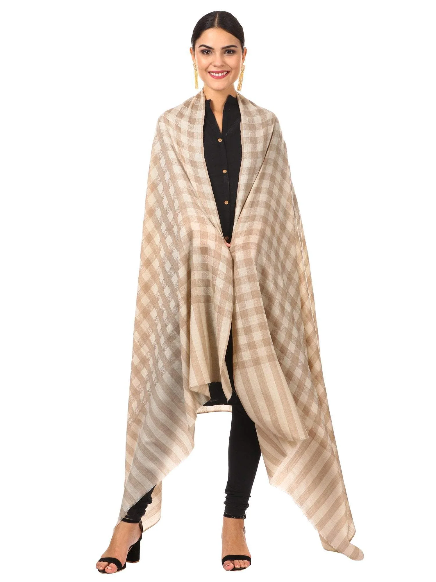Pashtush Womens Extra Fine Wool Blend  Shawl,Checkered, Soft And Warm Beige - Image 4