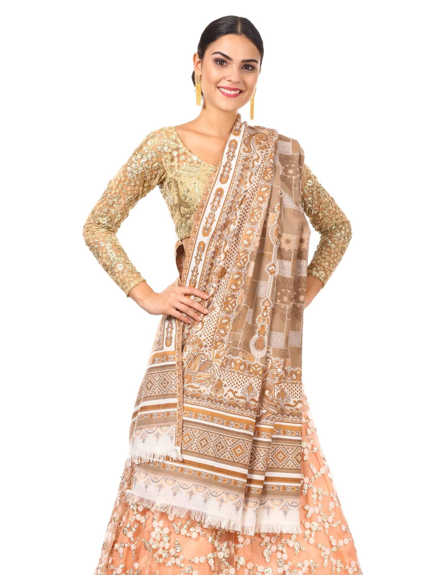 Pashtush Womens Aztec Jamawar Shawl, Faux Pashmina - Beige - Image 3