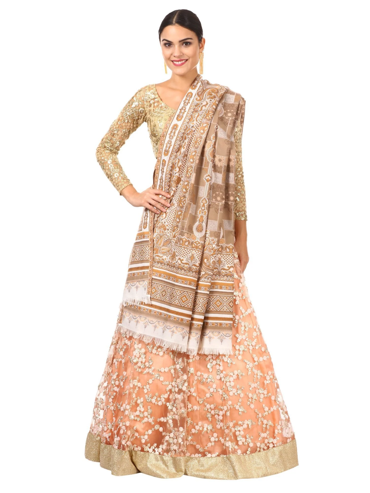 Pashtush Womens Aztec Jamawar Shawl, Faux Pashmina - Beige - Image 4