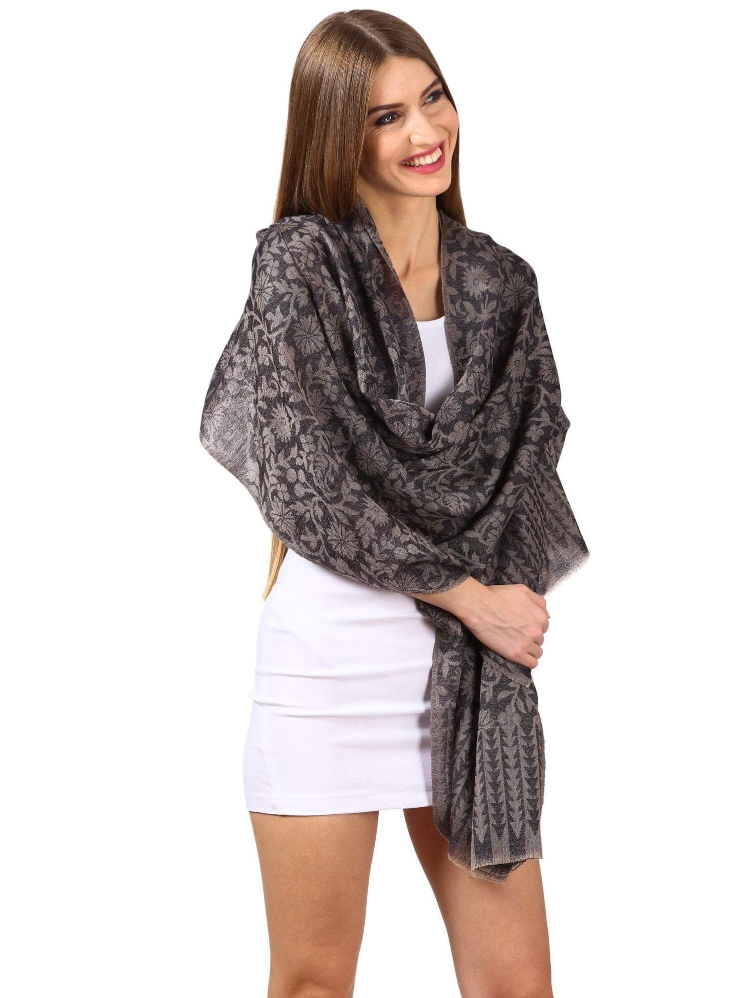 Pashtush Women'S Silk- Reversible Floral Scarf, Soft And Warm Black Black - Image 4